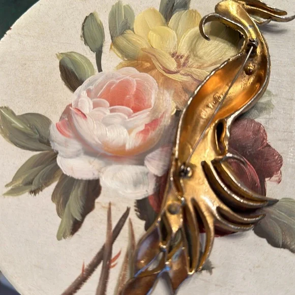 Vintage 30’s Bird of Paradise pot metal w/vermeil/rhinestones brooch 5 3/8” - Picture 6 of 14